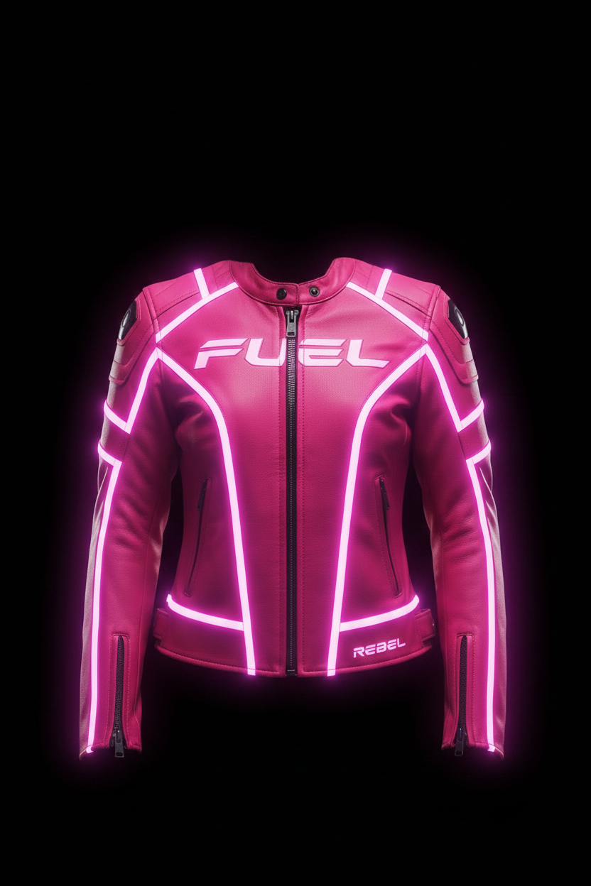 Pink glow-in-the-dark lady rider motorcycle jacket