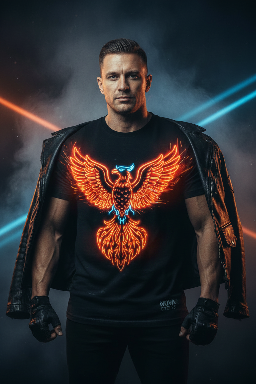 NIGHTVOLTGEAR Neon Phoenix Tee with glowing fiber optic phoenix graphic in electric orange and gold